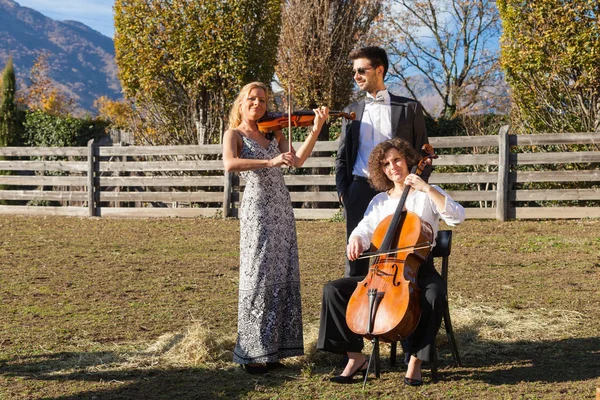 Tres jóvenes músicos, al aire libre — Foto de Stock