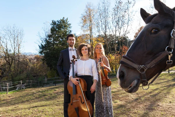 Tres jóvenes músicos, al aire libre — Foto de Stock