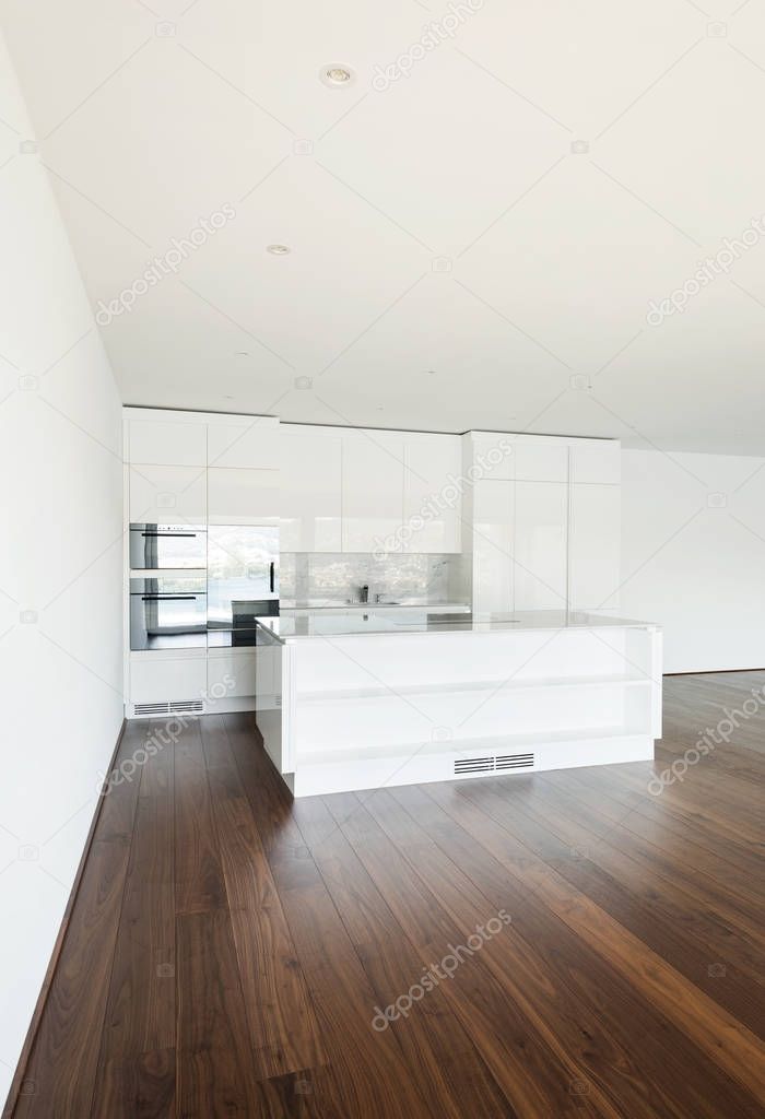 beautiful empty apartment, white kitchen