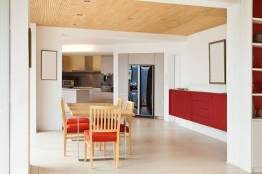 nterior, yemek odası, mutfak görünümü