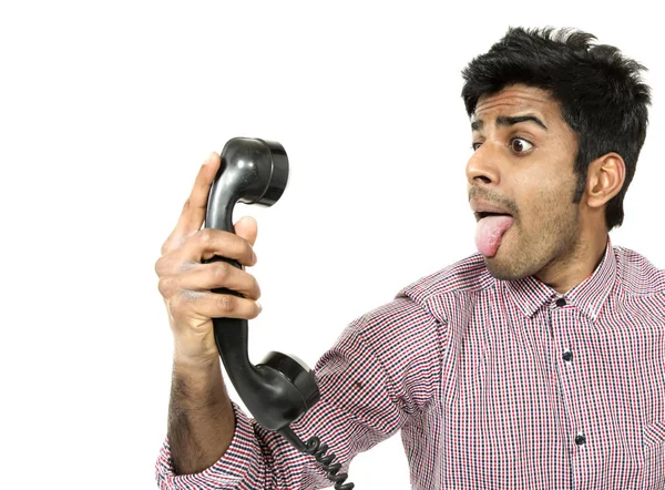 Young man portrait with vintage telephone — Stock Photo, Image