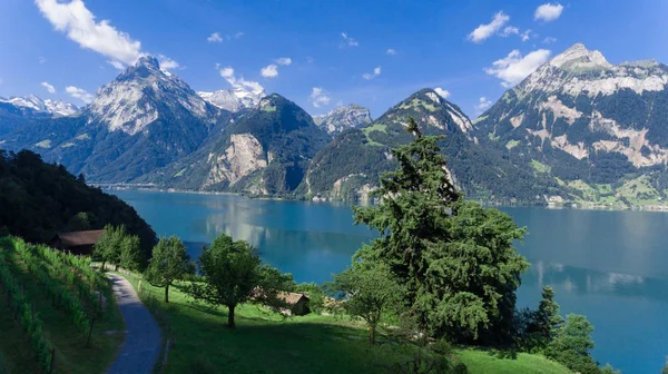 Paisaje con lago y montañas en Suiza — Foto de Stock