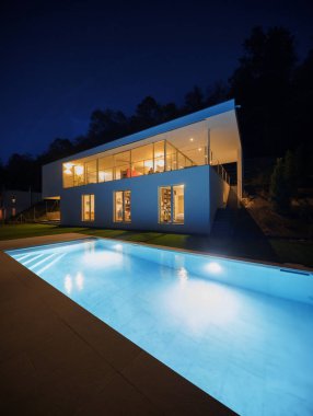 Modern villa, gece, dış ışıkları