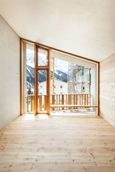 Intérieur Maison Moderne Avec Mur Bois Grande Fenêtre — Photo