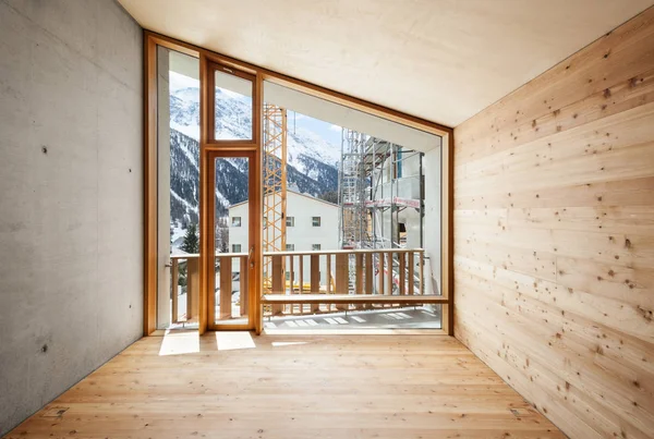 Interior Casa Moderna Com Parede Madeira Grande Windo — Fotografia de Stock
