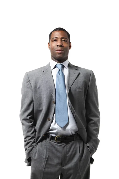 Πορτρέτο μαύρο επιχειρηματίας φορώντας κοστούμι σε λευκό φόντο — Φωτογραφία Αρχείου