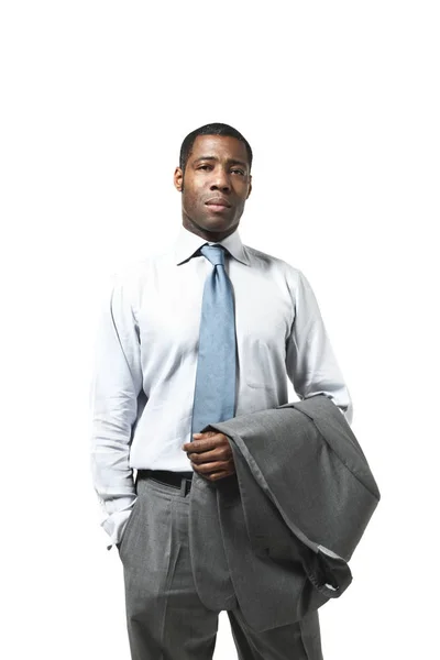 Retrato de hombre de negocios negro con traje sobre fondo blanco —  Fotos de Stock