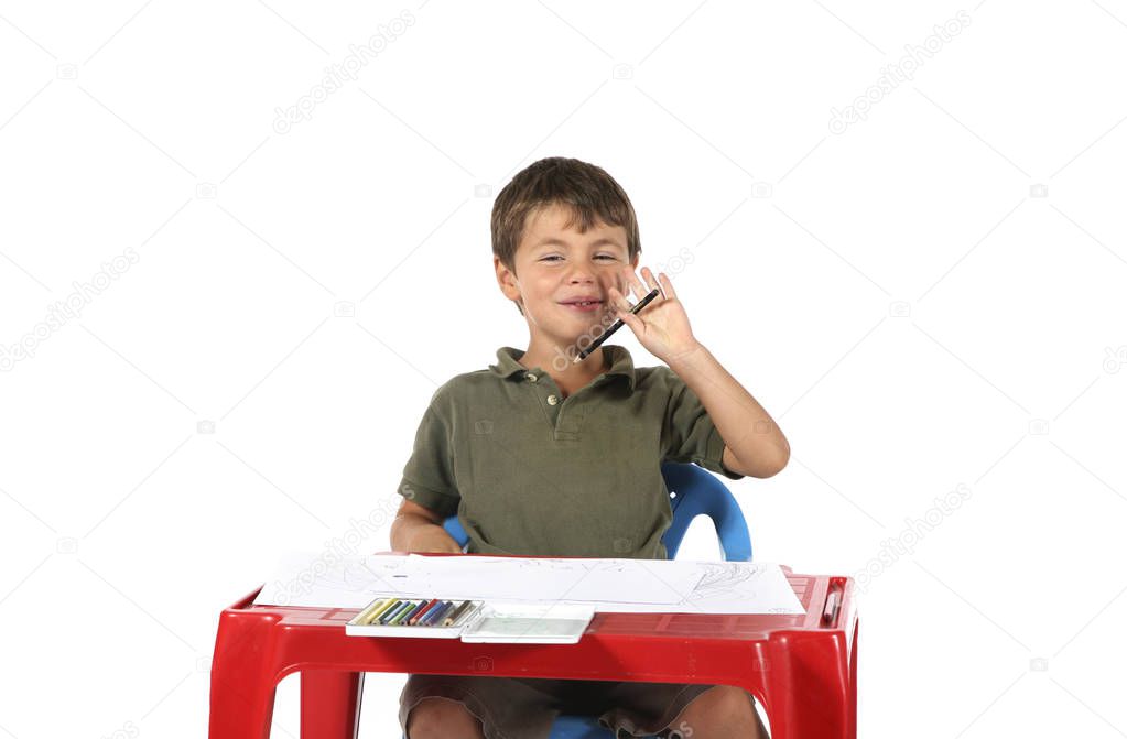 Child with red desk