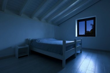 Modern yatak odası, gece manzarası görünümü