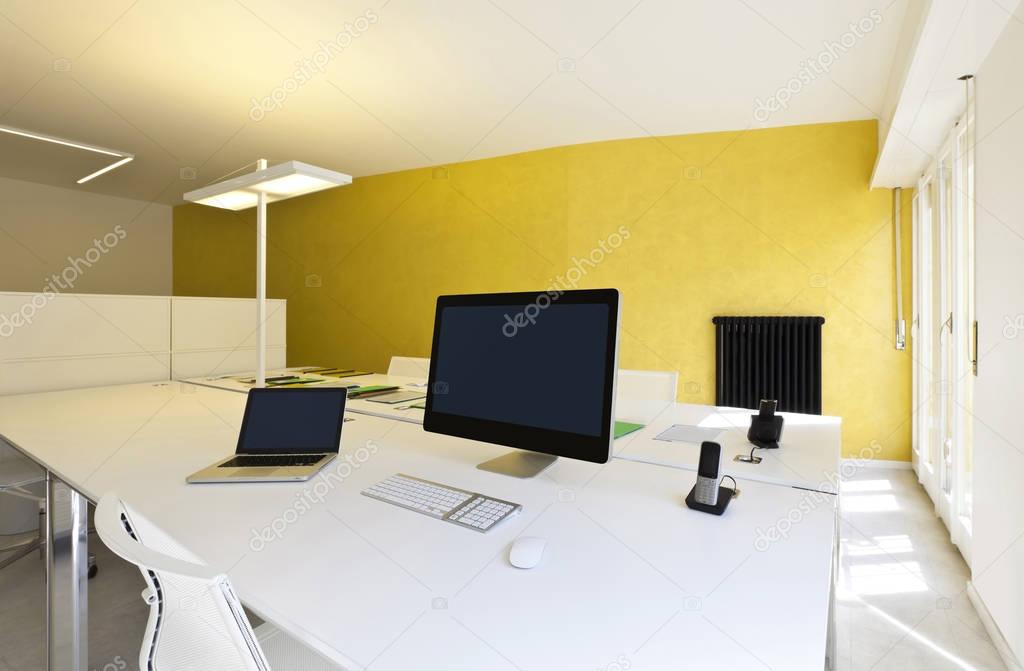 modern office interior design, workplace with computers 