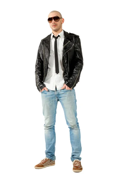 Portrait Homme Veste Cuir Noir Isolé Sur Fond Blanc — Photo