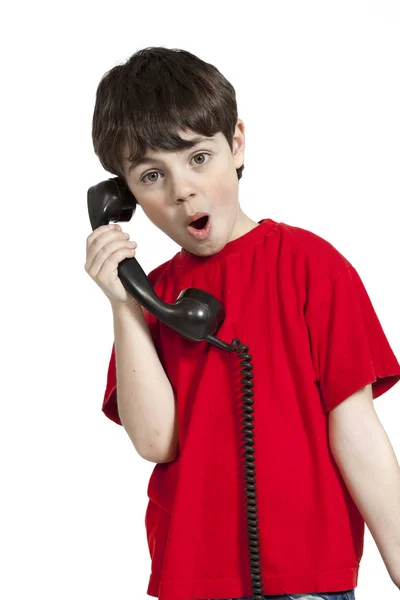 Little boy with red shirt on white background — Stock Photo, Image