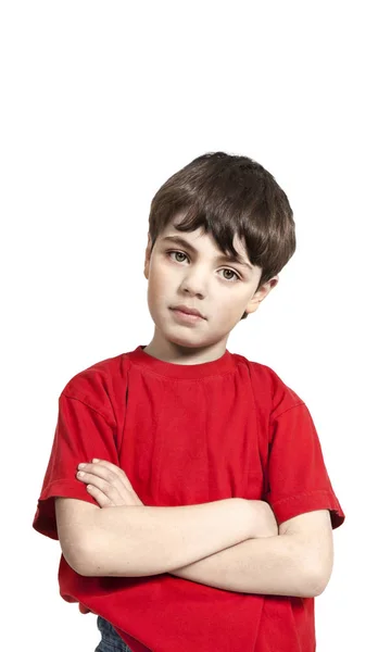 Little boy with red shirt on white background — Stock Photo, Image