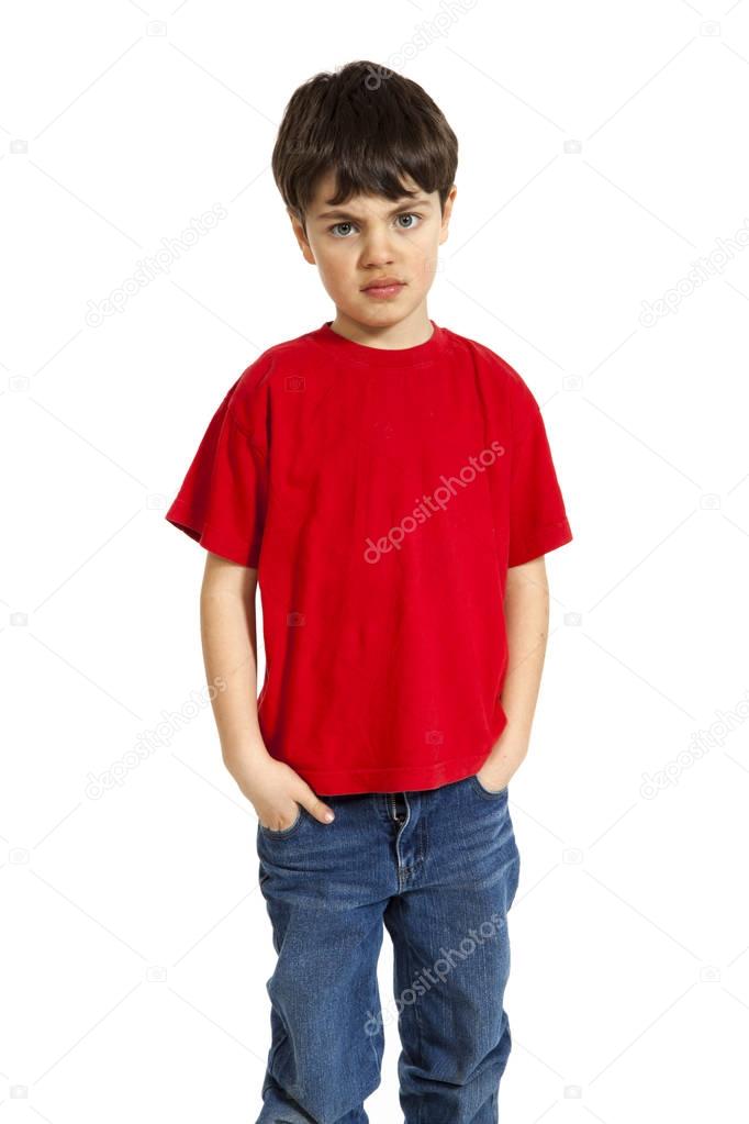 Niño Joven Del Muchacho En Camiseta Roja Del Polo Que Señala Un Finger En  La Esquina Aislada En Blanco Foto de archivo - Imagen de mirando, feliz:  125689278