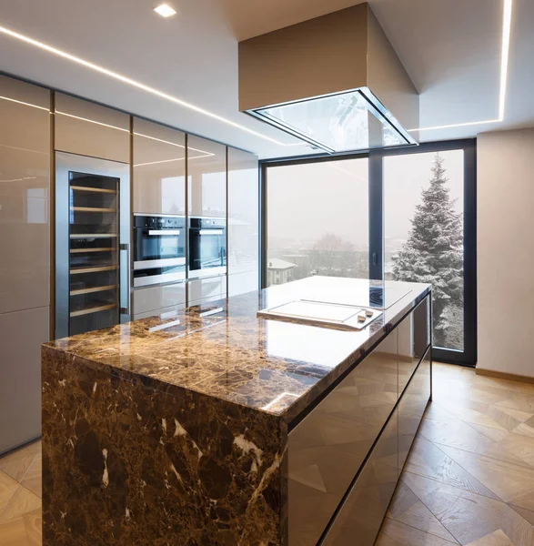 Modern marble kitchen with island — Stock Photo, Image