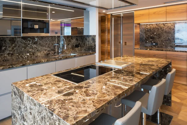 Modern marble kitchen with island — Stock Photo, Image
