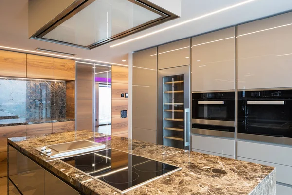 Modern marble kitchen with island — Stock Photo, Image