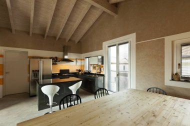 mobilyalı, iç, yeni çatı görünümü mutfak ve yemek masası