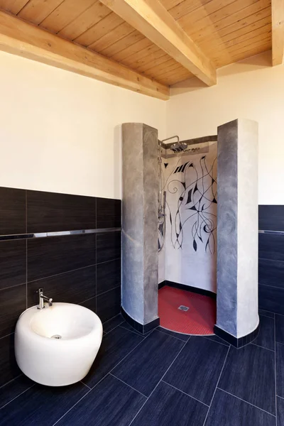 Interior, new loft furnished, concrete and mosaic shower — Stock Image Interior New Loft Furnished Concrete Mosaic Shower Stock Picture