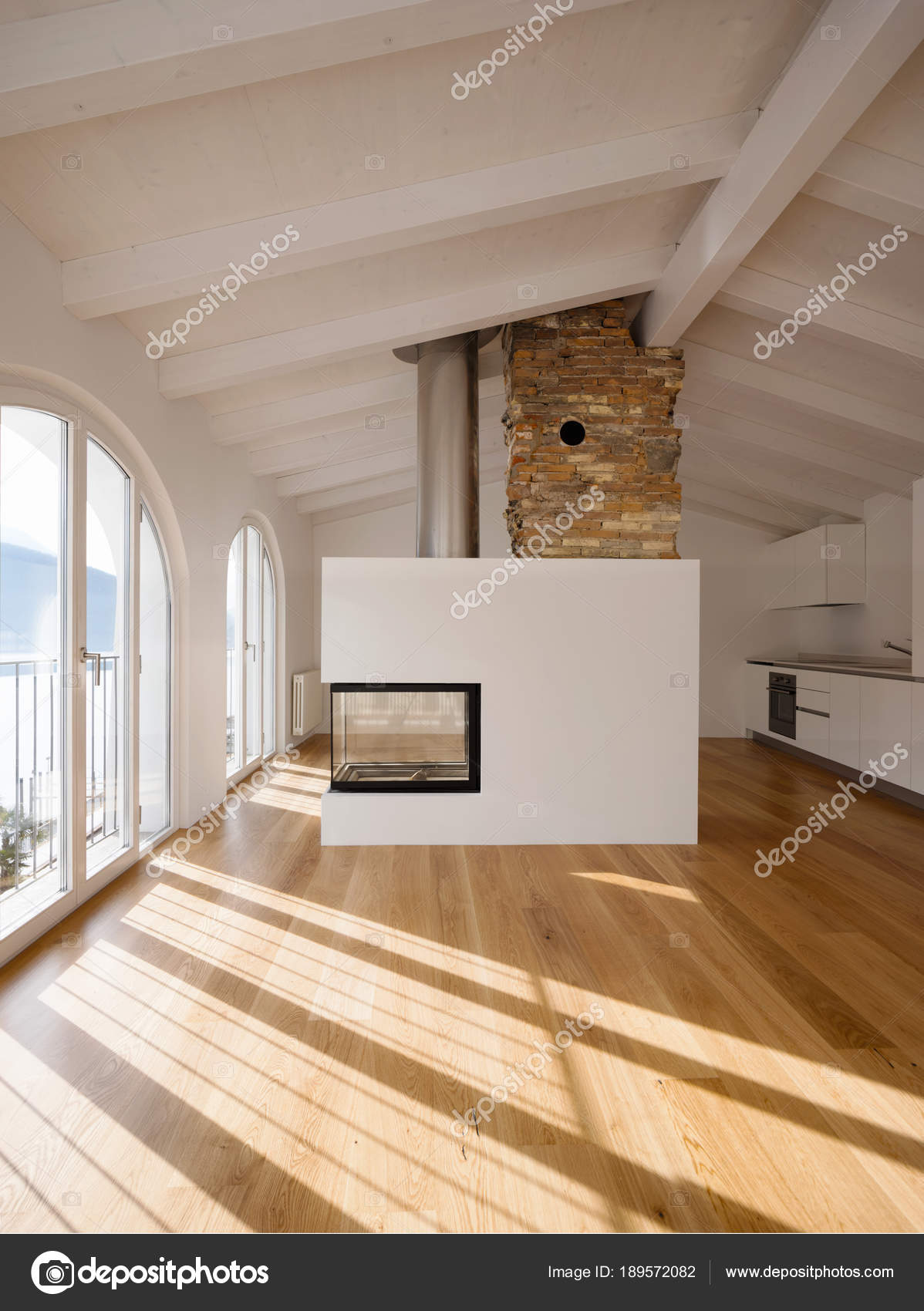 Modern Living Room With Fireplace In The Middle Stock