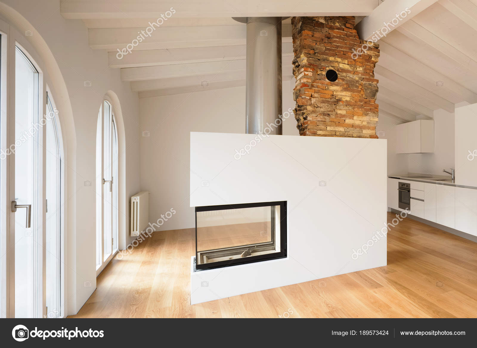 Modern Living Room With Fireplace In The Middle Stock