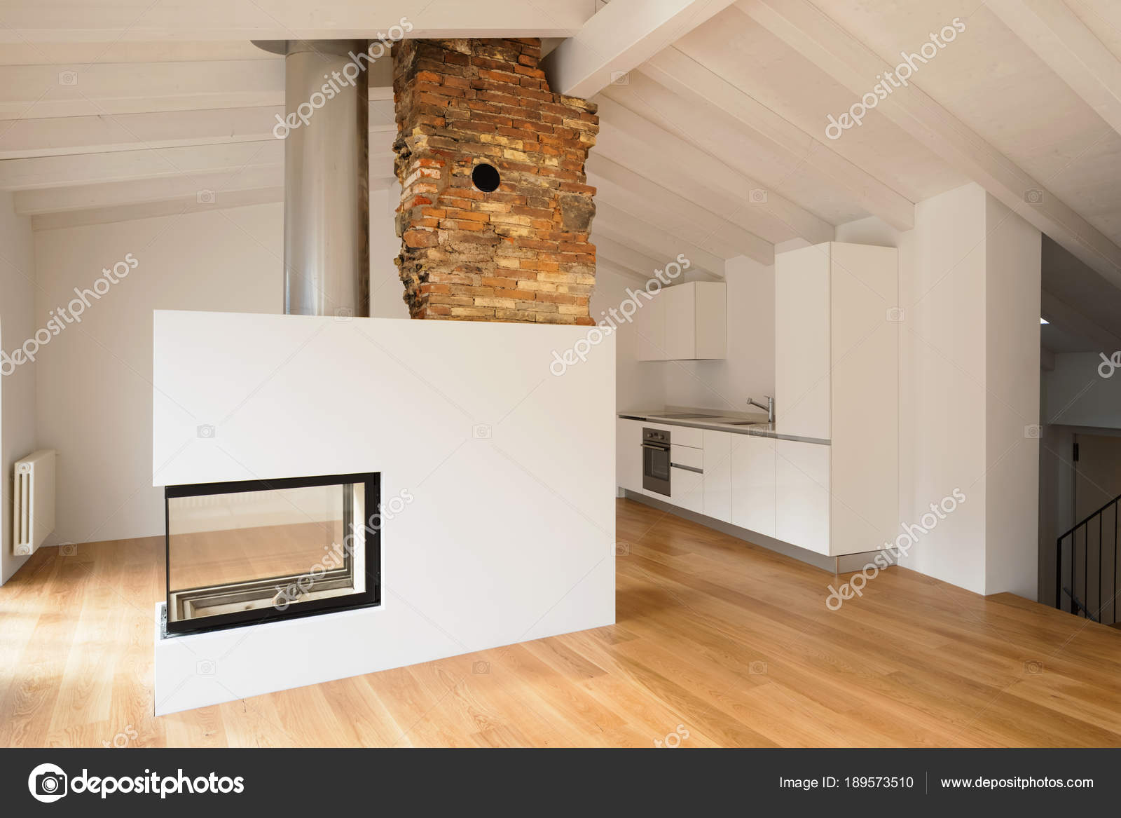 Modern Living Room With Fireplace In The Middle Stock