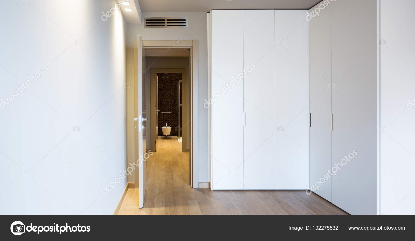Vue de face de chambre moderne avec grande armoire — Photographie ... Vue de face de chambre moderne avec grande armoire — Photographie ...