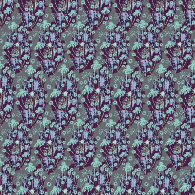 Soyut çiçekler ve yapraklar kusursuz desenleri tekrarlıyorlar. Suluboya ve dijital el yapımı desen. Tekstil tasarımı için karışık ortam 