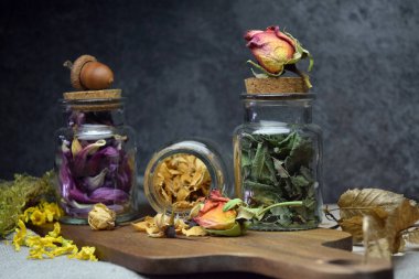 Kurutulmuş bitkiler ve çiçekler karışımı.