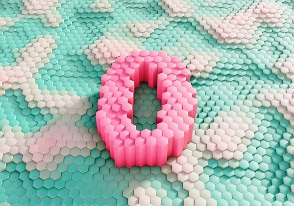 Bal peteği gradyan arkaplanından çıkarılan altıgen iğnelerden yapılmış 0 numaranın renkli 3D görüntülemesi