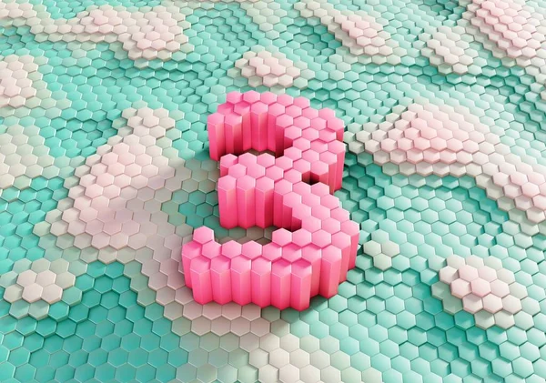 Bal peteklerinin gradyan arkaplanından çıkarılan altıgen iğnelerden yapılmış 3 numaranın renkli 3D görüntülemesi