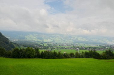 Yeşil çimen, kopya alanı ile bulutlu gökyüzü