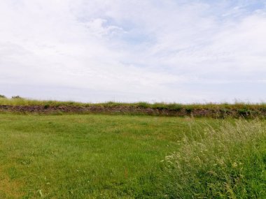 Yeşil alan ve bulutlu mavi gökyüzü manzara kopya alanı ile