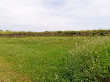 Mavi gökyüzü karşı yeşil çim alan. Doğa arka plan.