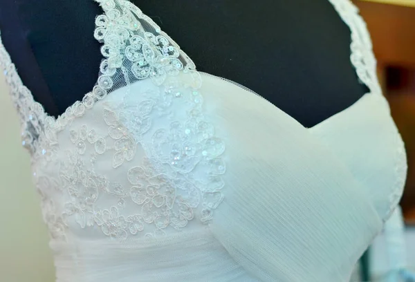 Detalhes Casamento Branco Vestido Bordado Com Rendas — Fotografia de Stock