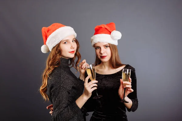 Şarap kadehli iki güzel genç bayanın yeni yıl arifesi.