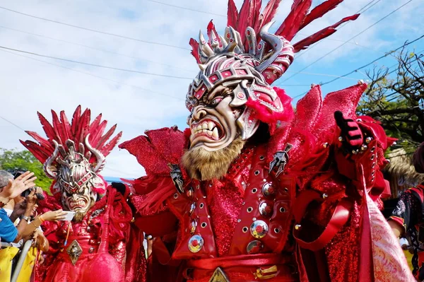 2018.02.17 Karneval v Dominikánské republice, město La vega, Muž v obleku monstra temných sil kráčí po průvodu a karnevalu — Stock fotografie