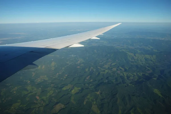 Деревья под крылом самолета во время посадки. Вид через иллюминатор — стоковое фото
