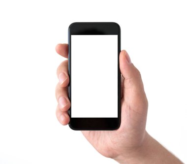 İzole el ile beyaz perde siyah telefon tutarak