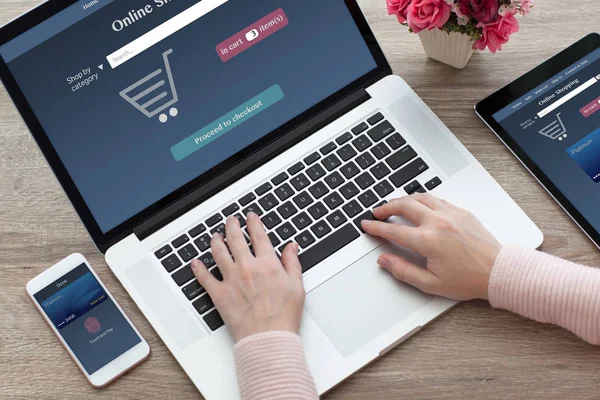 Woman hands notebook and computer tablet phone online shopping — Stock Photo, Image