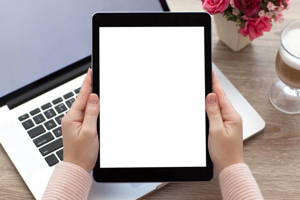 Woman hands holding tablet computer with isolated screen over no — Stock Photo, Image