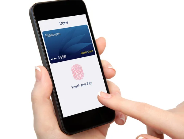 Isolated woman hand holding phone debit card app touch pay — Stock Photo, Image