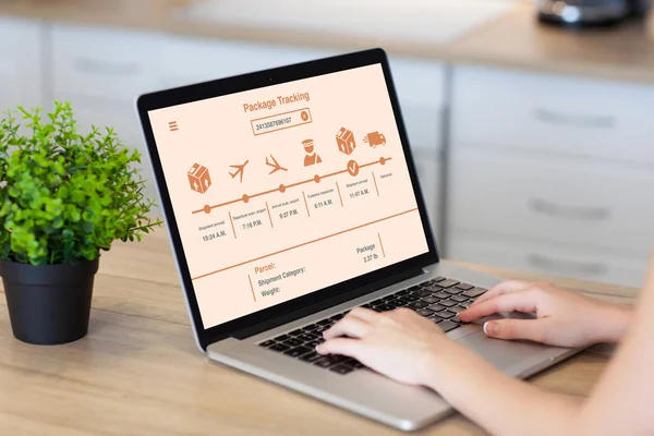 Žena rukou notebook s balíkem na dobírku sledování na obrazovce domů — Stock fotografie