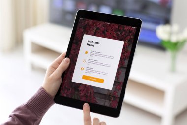 İPad app Home Pro alanı gri tutan kadın el
