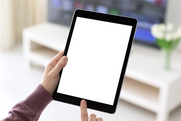 Frauenhände halten Computer-Tablet mit isoliertem Bildschirm in der Hand — Stockfoto