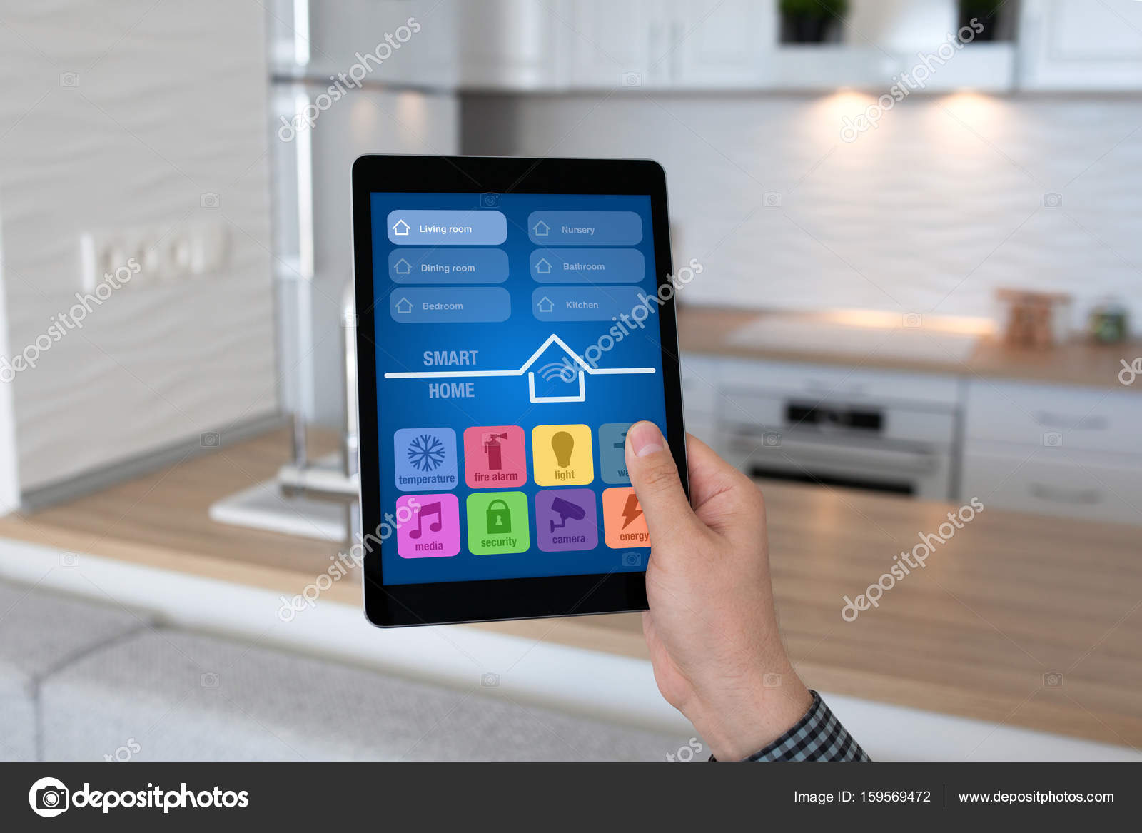 Man Hand Holding Tablet App Smart Home Background Room Kitchen