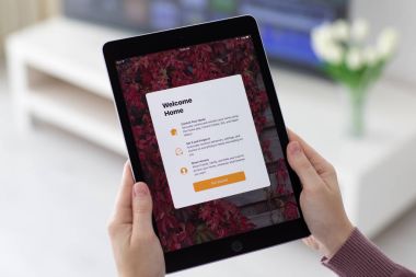 İPad app Home Pro alanı gri tutan kadın el