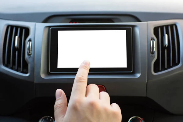 Male hand touching multimedia system with isolated screen in car — Stock Photo, Image
