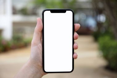 telefon ile izole perde doğa backgro üzerinde tutan el