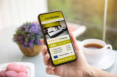 ekranda uygulama otel rezervasyonu ile telefon tutan kadın eller
